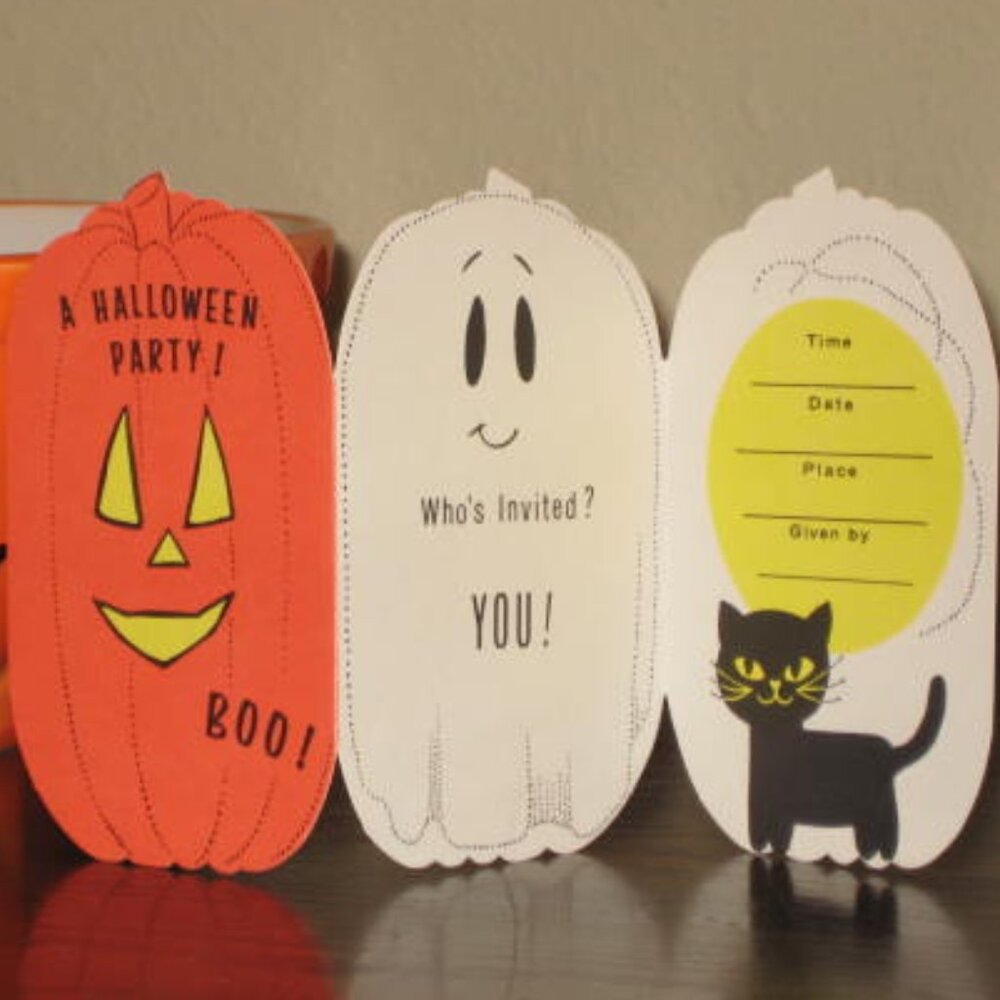 Vintage Unused Pakay Gibson 1950s Halloween Invitation Card JOL Pumpkin Cat